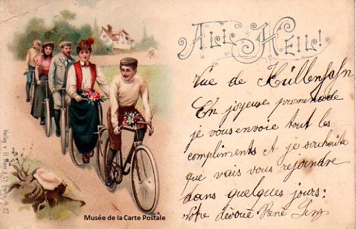 Carte postale ancienne représentant des promeneurs en bicyclettes.