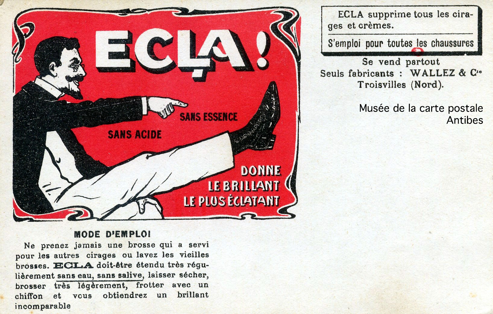 Carte postale ancienne, publicité cirage ECLA, issue de l'exposition temporaire du musée de la carte postale sur le thème de la chaussure.