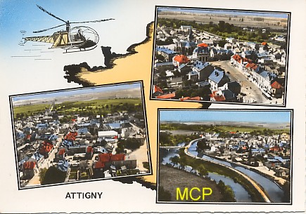 Carte postale photomontage de 3 vues aériennes d'Attigny.