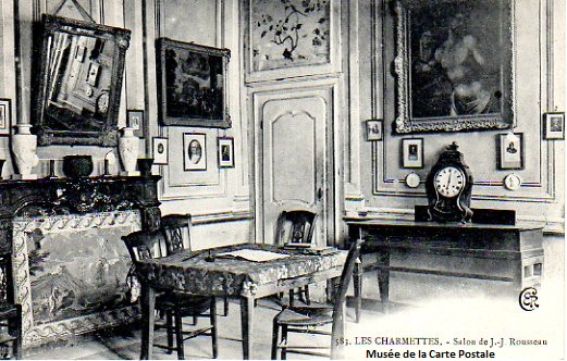 Carte postale ancienne représentant le salon de Rousseau dans la maison des Charmettes.