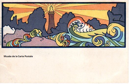 Carte postale de Gisbert Combaz (série Éléments) éditeur Dietrich, illustrant la création de l'International Poste Carte Club.