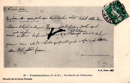 Carte postale fac similé de l'abdication à Fontainebleau.