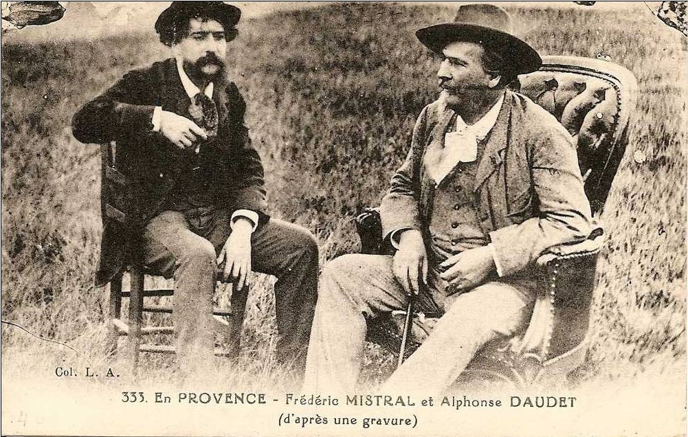 Carte postale représentant Frédéric Mistral en compagnie d'Alphonse Daudet.