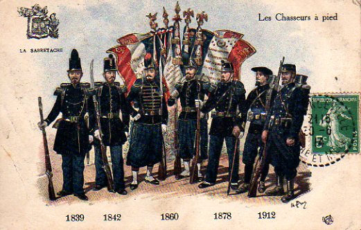 Carte postale militaire ancienne représentant les chasseurs à pied.