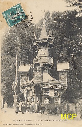 Carte postale montrant l'exposition au chalet de la carte postale à Nancy, en 1909. Cette carte est exposée dans le musée de la carte postale à Antibes.