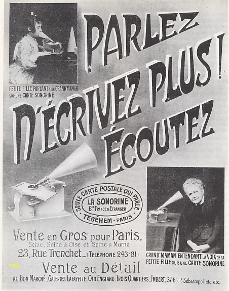 Publicité parue en décembre 1905, dans la revue l'ILLUSTRATION, vantant les avantages des cartes postales disques sonorines.