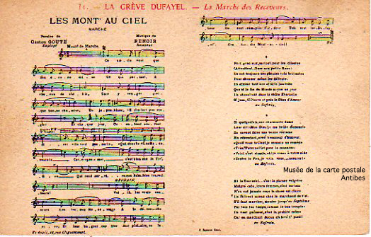 Carte postale ancienne représentant musicalement le chant de la marche des receveurs, lors de la grève des magasins DUFAYEL.