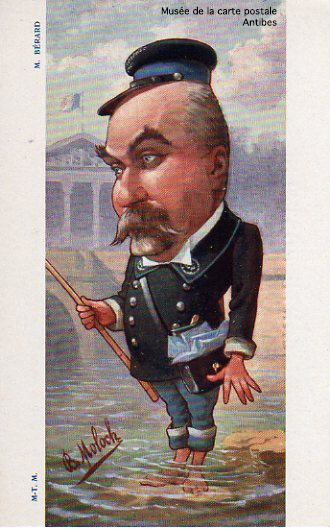 Carte postale humoristique de Moloch, représentant M.Berard, secrétaire d'état aux postes et télégraphes.