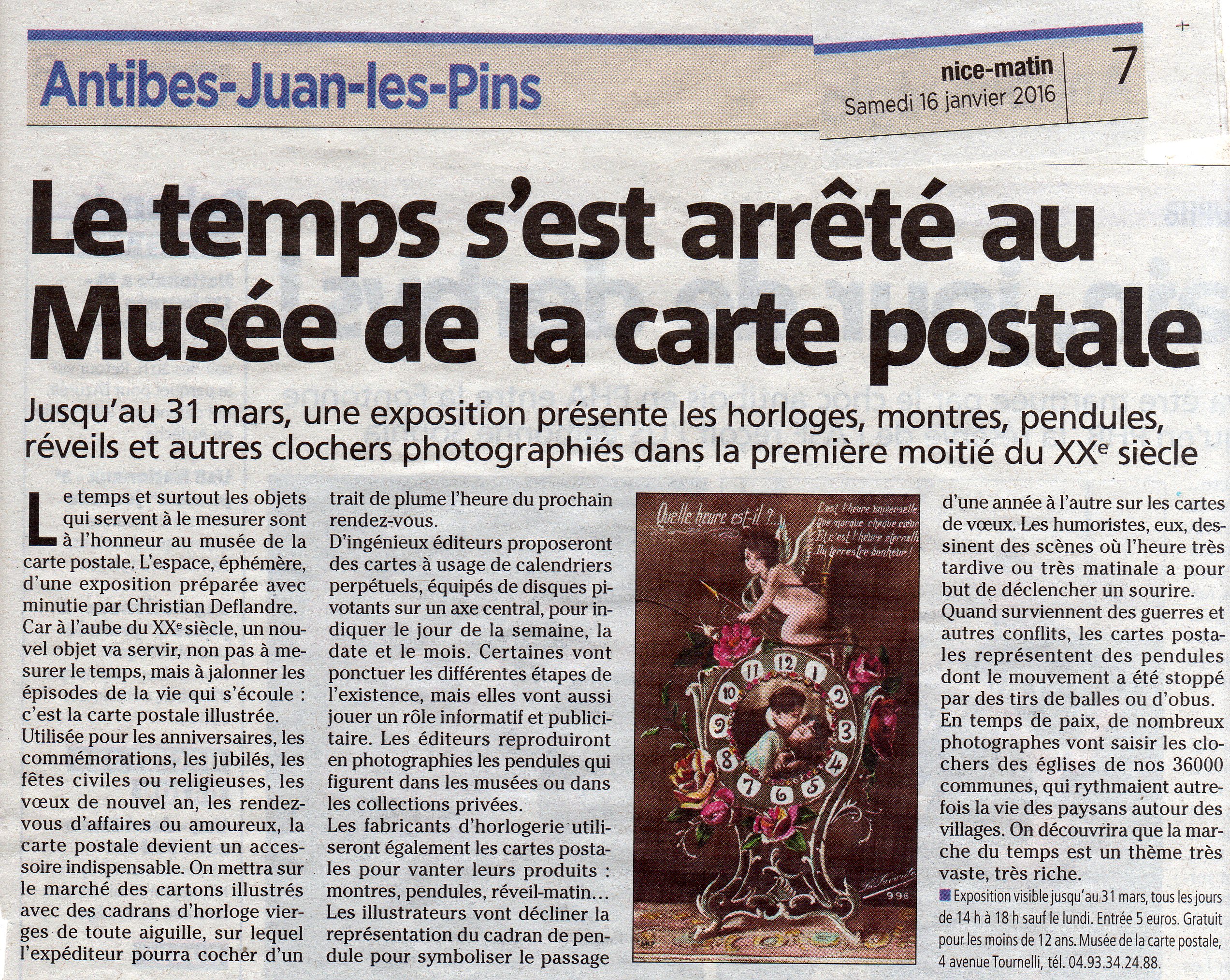 Article de presse de Nice Matin du 16 janvier 2016, sur la nouvelle exposition temporaire du musée de la carte postale.