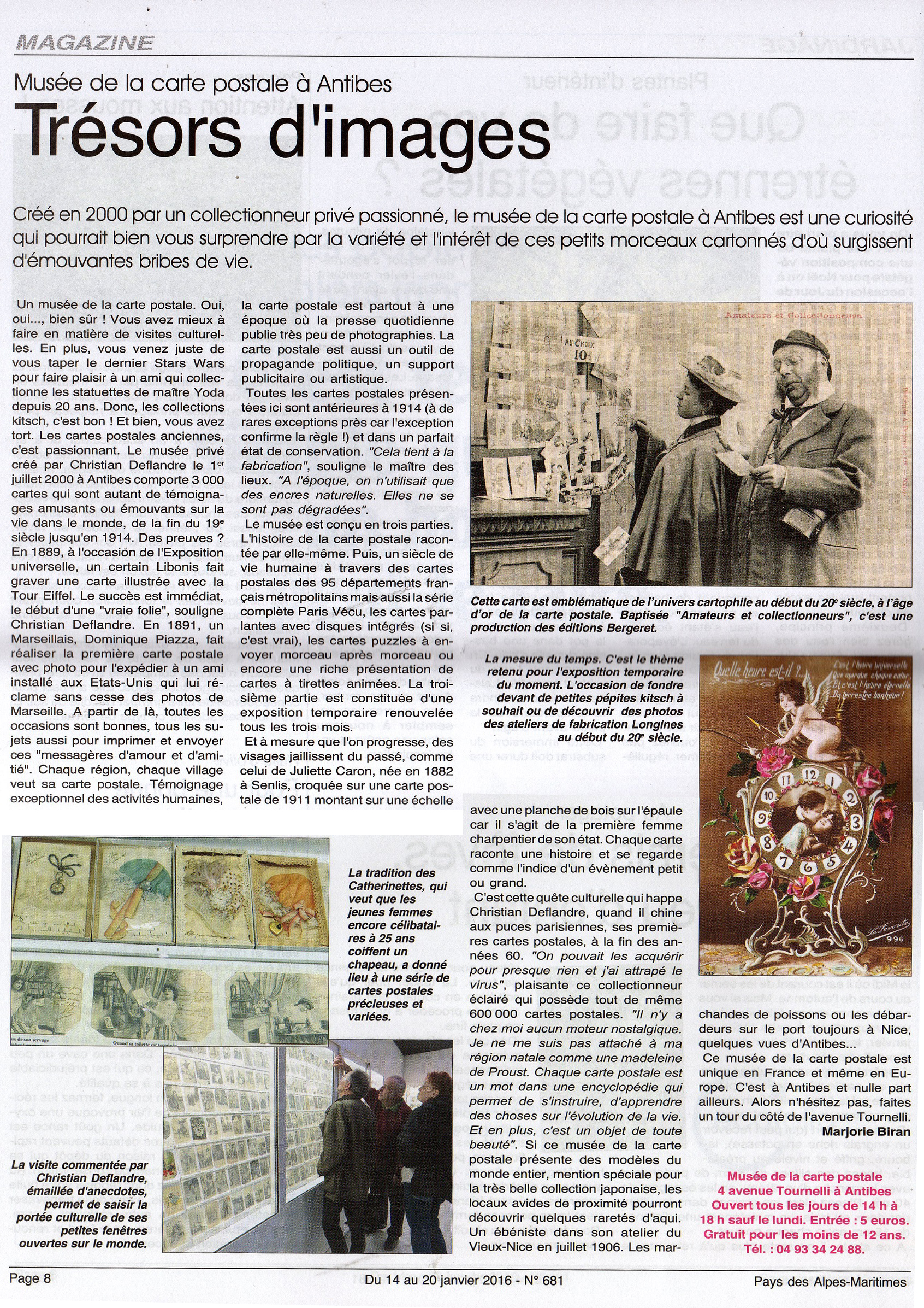 Article de presse du Pays des Alpes Maritimes, de janvier 2016 parlant du musée de la carte postale, d'Antibes.