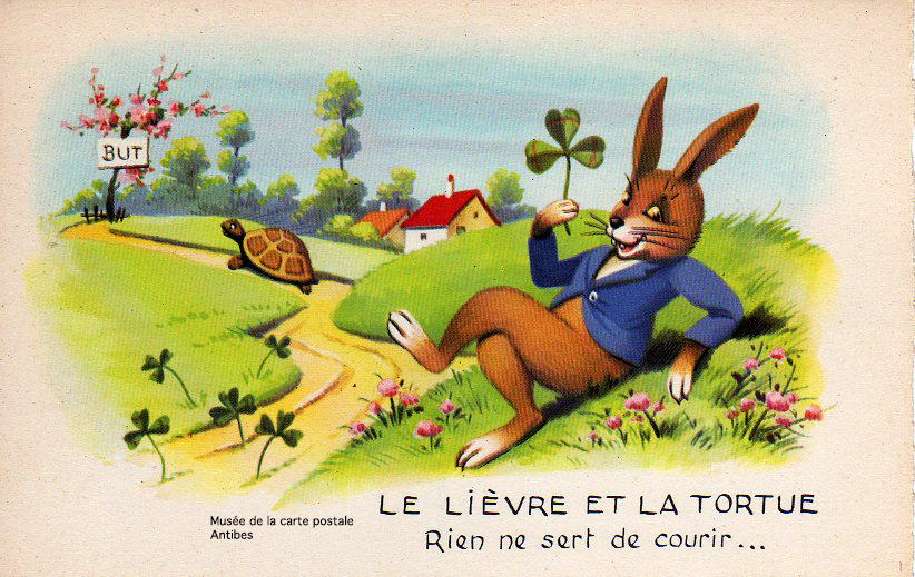Carte postale illustrant la Fable du Lièvre et de la Tortue.