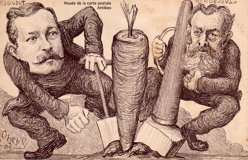 Carte postale illustrée par le caricaturiste ORENS, représentant une carotte pneumatique de Léon Mougeot.