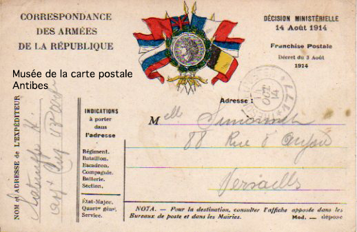 Carte postale de correspondance militaire sous franchise postale de la première guerre mondiale.