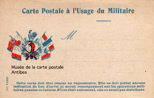 Carte postale à l'usage du Militaire durant la première guerre mondiale.