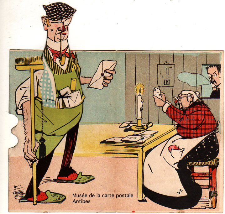 Carte postale illustrée, à système, représentant un concierge lisant le courrier.
