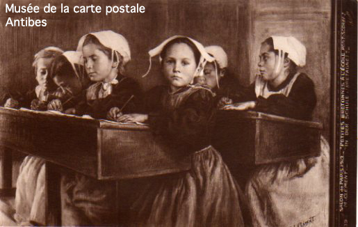 Carte postale illustrée représentant des écolières.