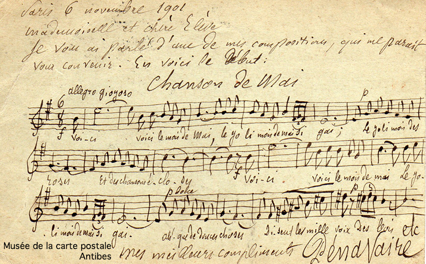 Carte postale ancienne avec autographe et composition musicale manuscrite de Monsieur Pénavaire.