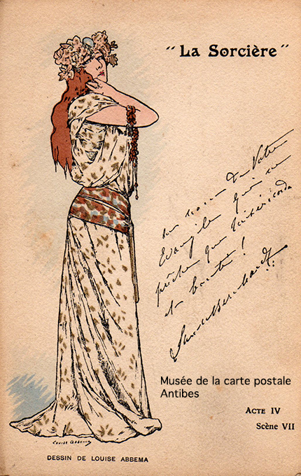 Carte postale ancienne illustrée par Louise Abbema, comportant un autographe en fac-similé de Sarah Bernhardt.