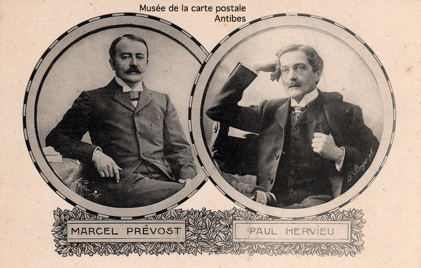 Carte postale ancienne représentant Marcel Prévost et Paul Hervieu.