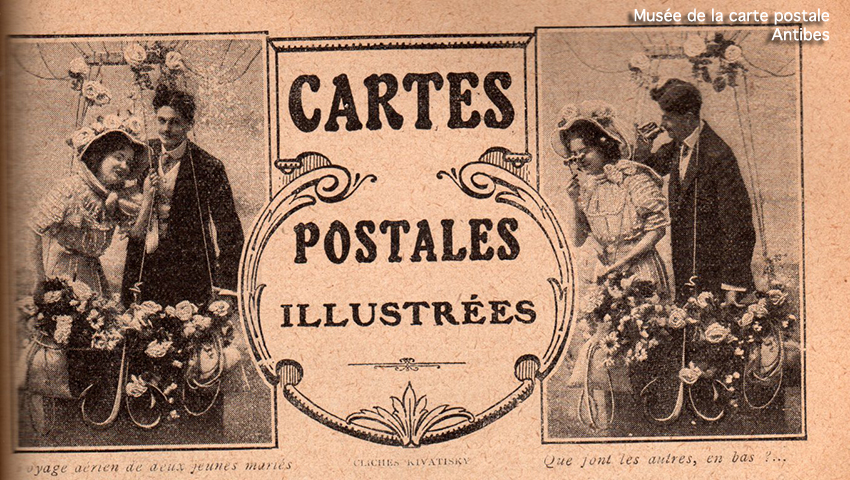 Carte postale illustrée représentant un couple d'amoureux dans un ballon dirigeable.