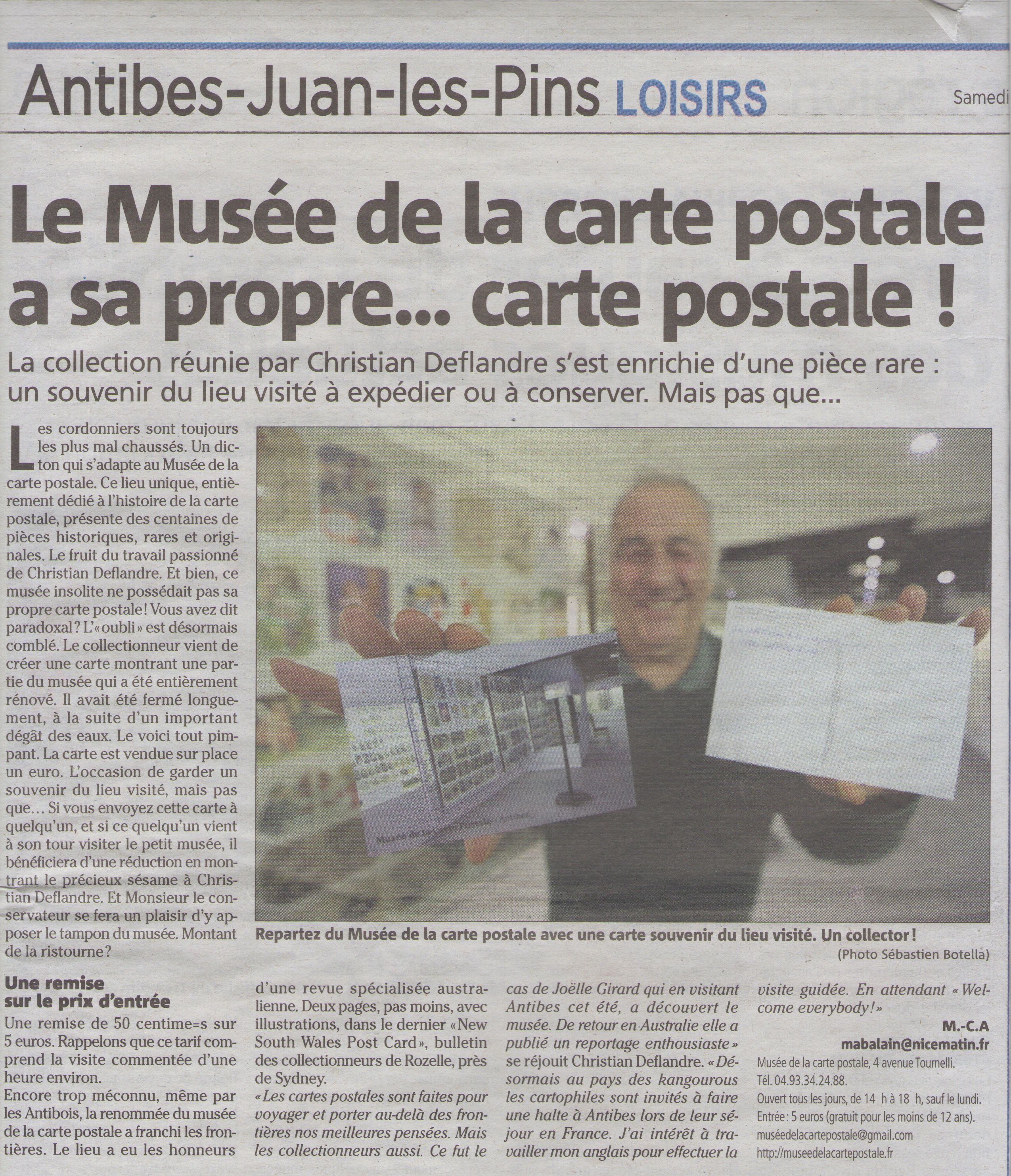 Article Nice Matin du 07/01/2017 sur la carte postale souvenir du musée de la carte postale, à Antibes.