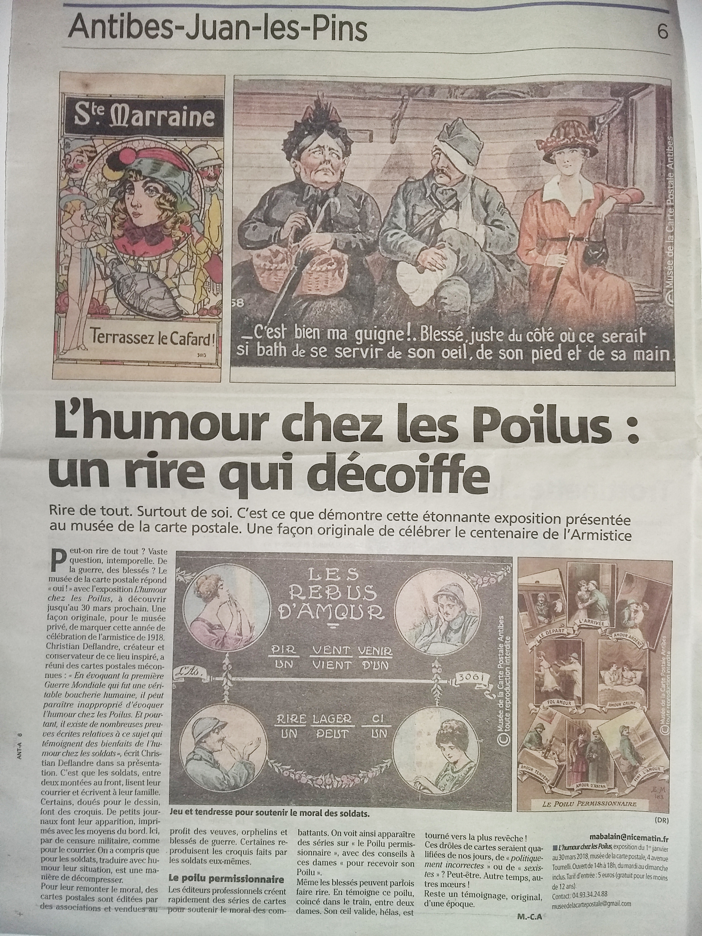 Article Nice Matin du 14/01/2018 sur l'exposition temporaire "l'humour chez les Poilus" au Musée de la Carte Postale.