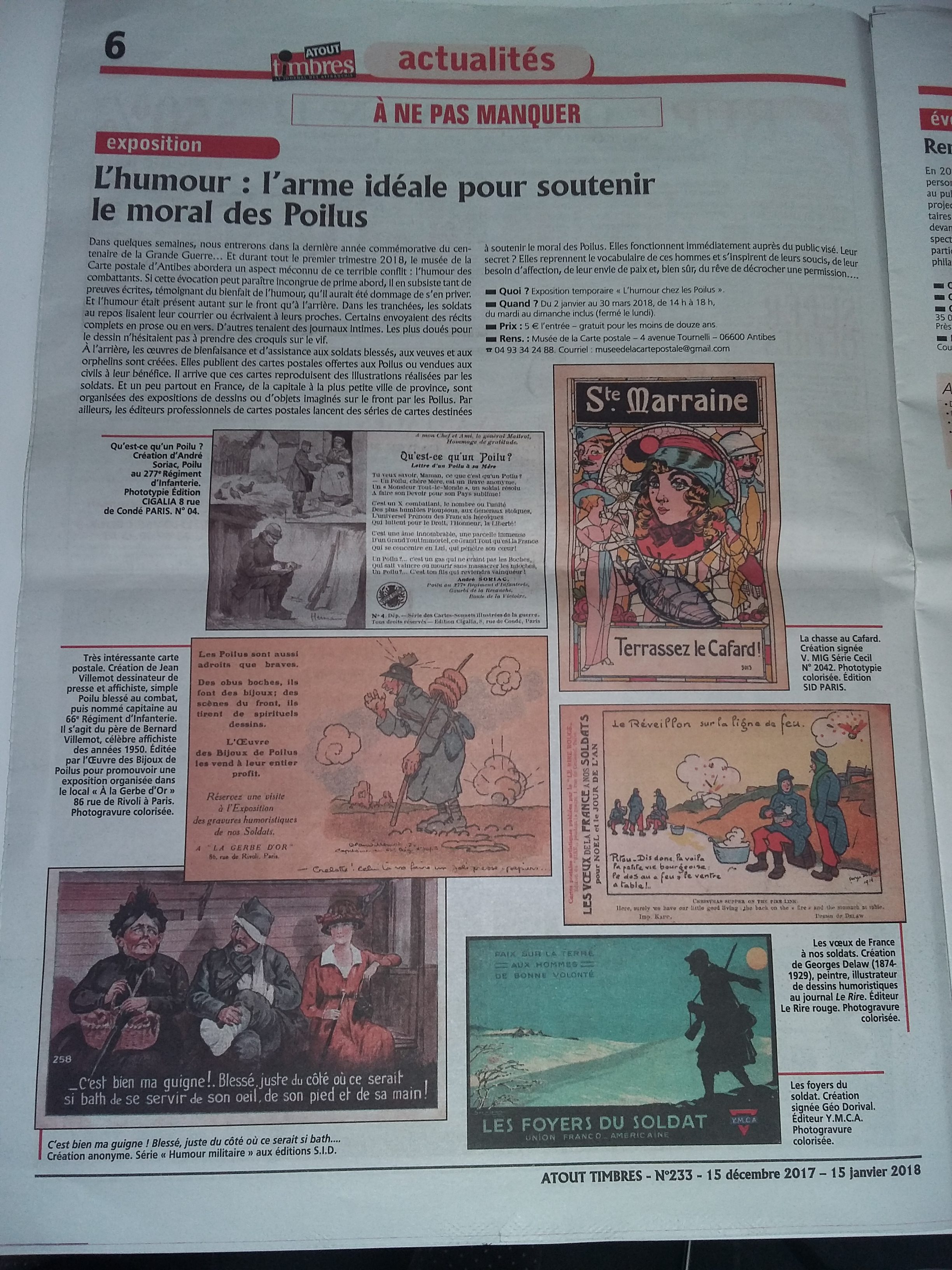 Article présentant l'exposition temporaire "l'humour chez les Poilus" au Musée de la Carte Postale, dans le journal Atout Timbres n°233.