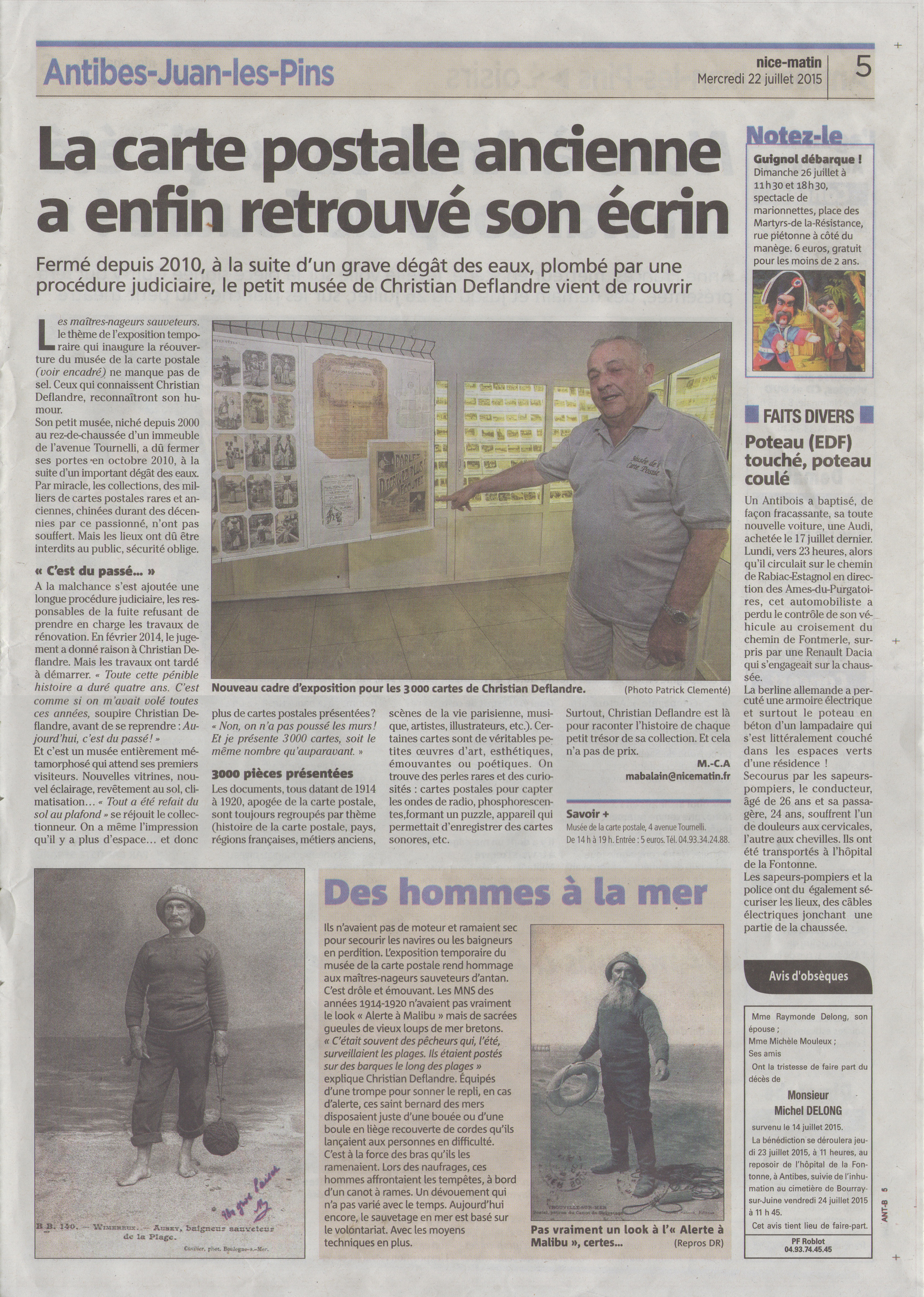 Article de Nice Matin du 22 Juillet 2015 sur le musée de la Carte Postale, à Antibes.