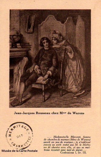 Carte postale ancienne représentant Jean Jacques Rousseau et madame de Warens.