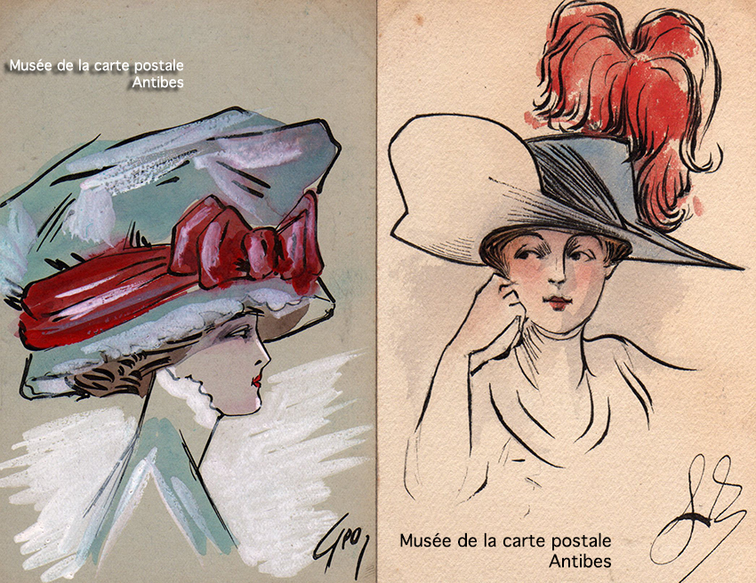 Cartes postales anciennes dessinées montrant la mode féminine des grands chapeaux du début 1900 en France, issues de l'exposition temporaire du Musée de la Carte Postale à Antibes.