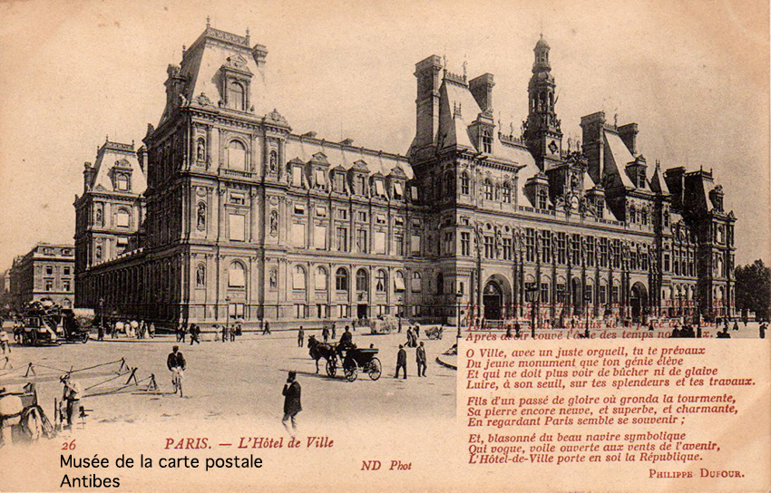 Carte postale représentant l'hotel de ville de Paris, accompagnée d'un poème de Philippe DUFOUR, aurait pu devenir de bons points d'écoliers.