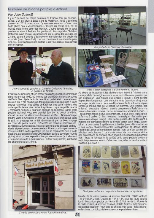 Article sur le musée de la carte postale d'Antibes, dans le carte postale magazine n°24 de juillet août 2016.