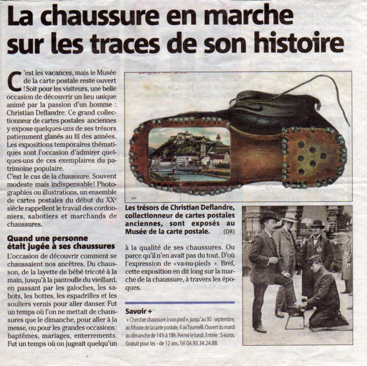 Extrait du Nice Matin en date du 25/07/2016 sur l'exposition sur la chaussure au musée de la Carte Postale d'Antibes.