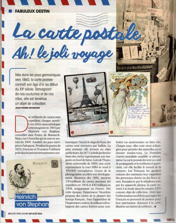 Article sur les cartes postales, issu de la revue Notre Temps, édition d'Août 2016.