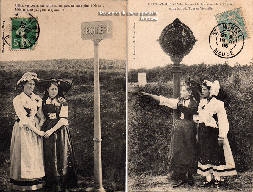 Carte postale ancienne représentant un poteau à la frontière franco-allemande.