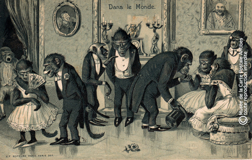 Carte postale ancienne représentant des singes habillés, issue de l'exposition temporaire sur les animaux humanisés, au Musée de la Carte Postale, à Antibes.