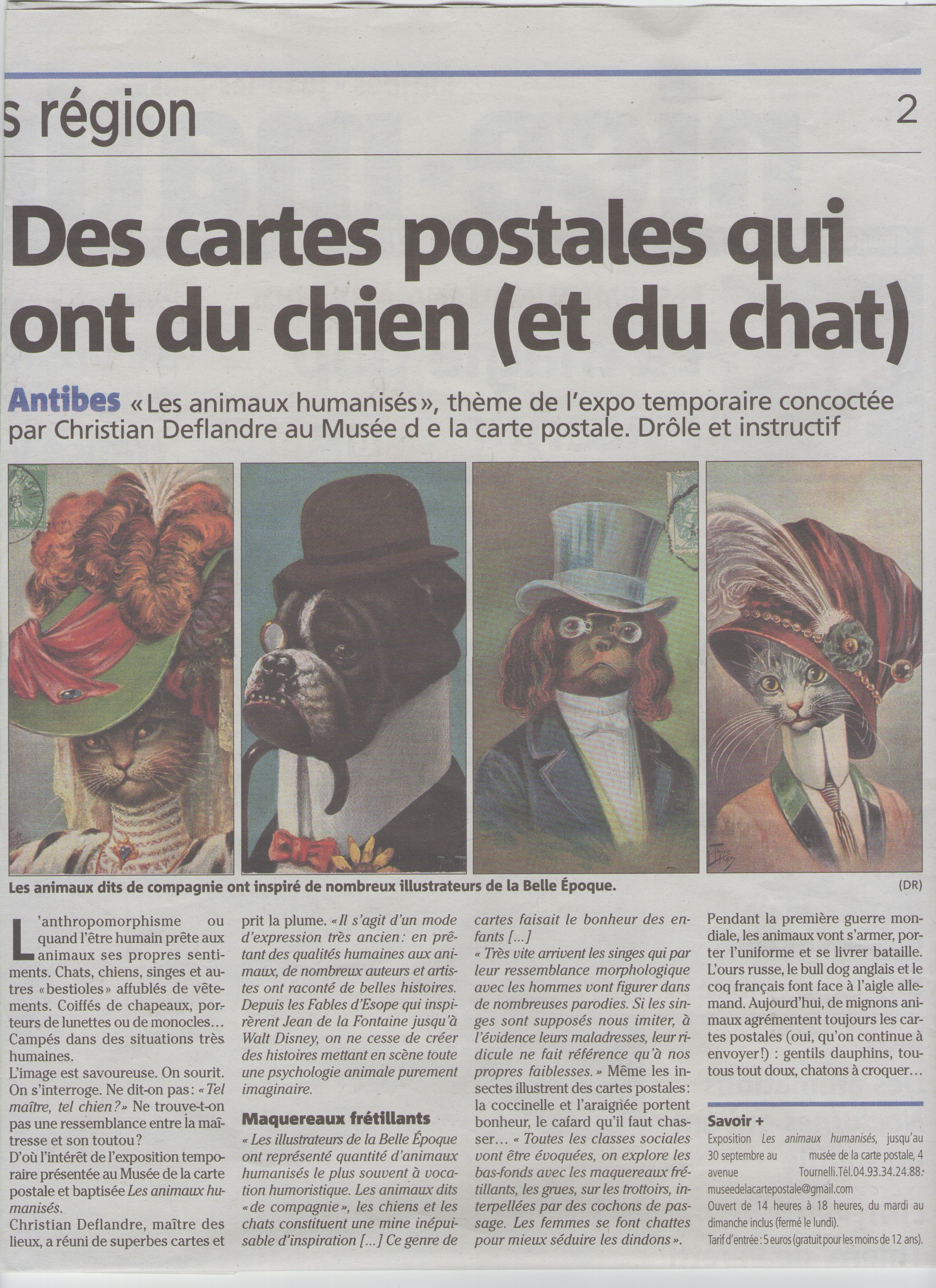 Article Nice Matin du 06/08/2017 sur l'exposition temporaire "les animaux humanisés" au Musée de la Carte Postale d'Antibes.