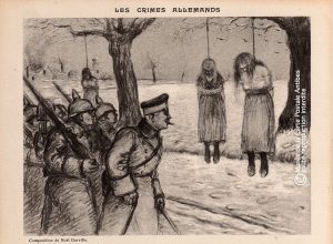 Carte postale pendaison, horreurs de guerre, issue de la série "les crimes allemands" illustrée par Noël Dorville.