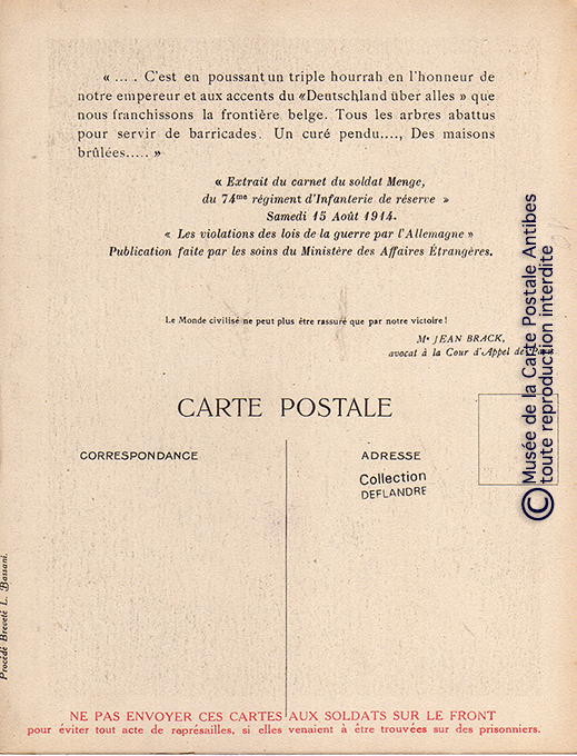 Carte postale pendaison, horreurs de guerre, issue de la série "les crimes allemands" illustrée par Noël Dorville.