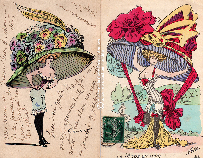 Cartes postales anciennes dessinées montrant la mode féminine des grands chapeaux du début 1900 en France, issues de l'exposition temporaire du Musée de la Carte Postale à Antibes.