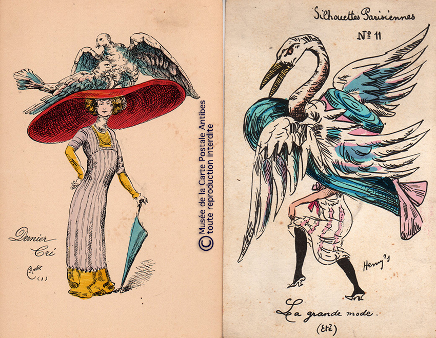 Cartes postales anciennes dessinées montrant la mode féminine des grands chapeaux en plumes d'oiseaux du début 1900 en France, issues de l'exposition temporaire du Musée de la Carte Postale à Antibes.