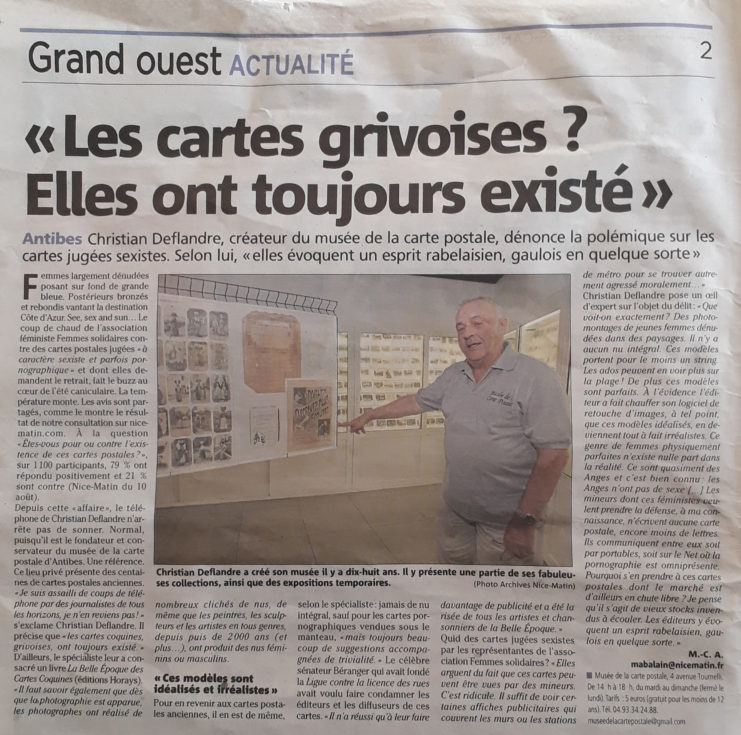 Article Nice Matin du 12/08/2018 sur la polémique des cartes postales grivoises jugées sexistes.