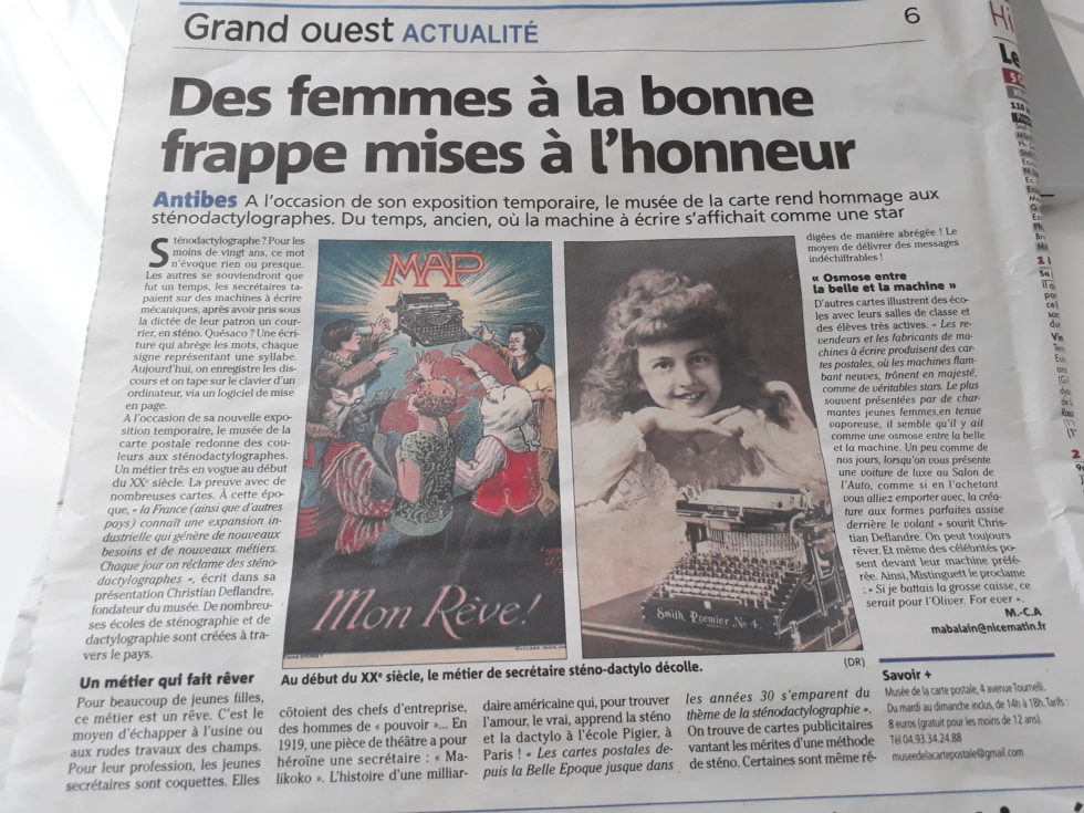 Article Nice Matin du 13/01/2019 sur l'exposition temporaie du musée de la carte postale : la sténodactylographie.
