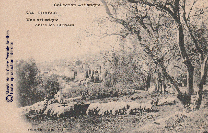 Carte postale ancienne montrant une vue artistique sur le village de Grasse.