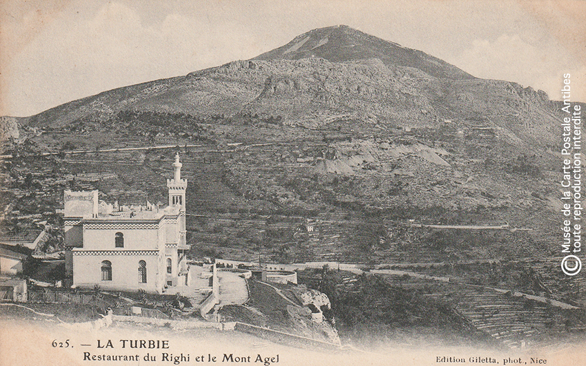 Carte postale ancienne représentant le restaurant Righi de La Turbie et le Mont Agel.