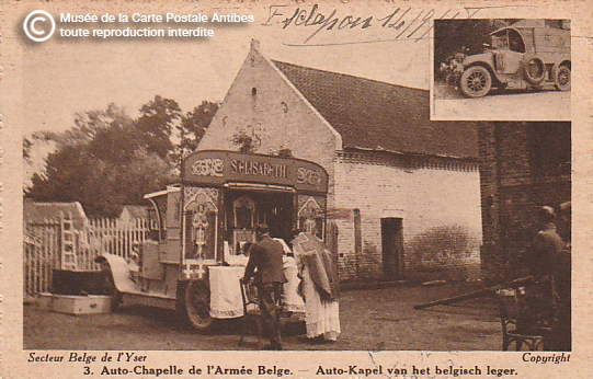 Carte postale ancienne représentant une auto-chapelle de l'armée belge.