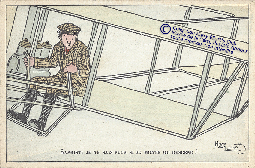 Carte postale illustrée par Harry Eliott, représentant les débuts de l'aviation.