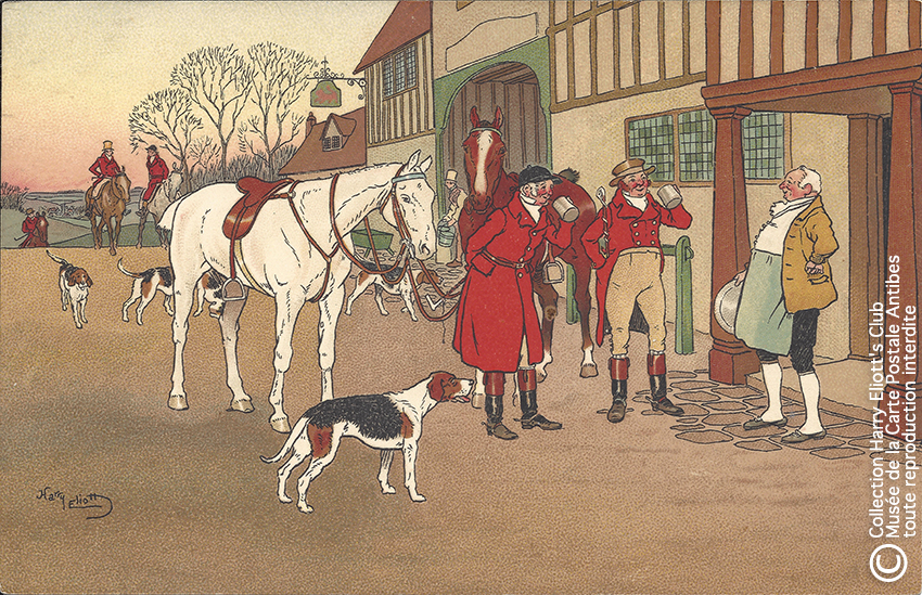 Carte postale illustrée par Harry Eliott, représentant des cavaliers de retour de chasse.