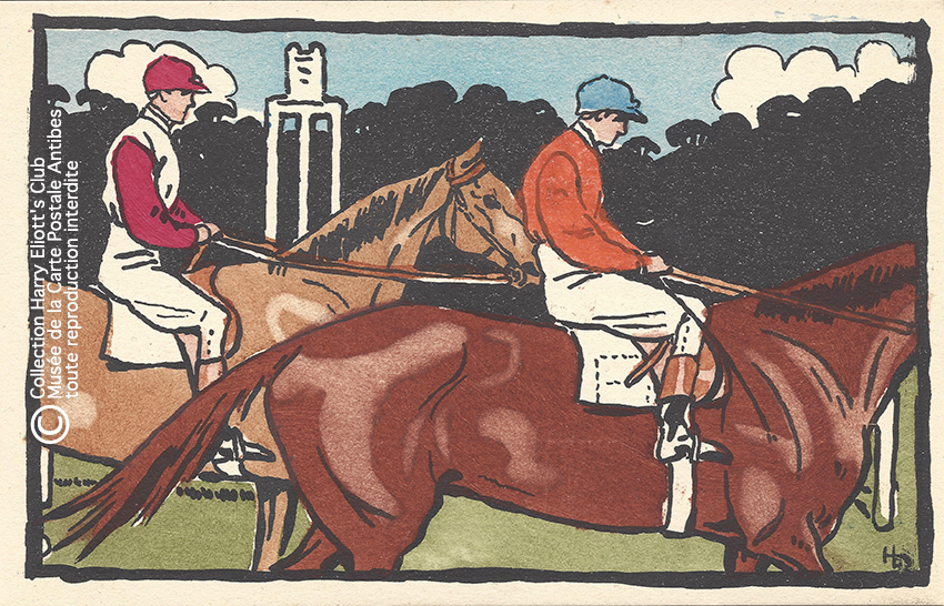 Carte postale illustrée par Harry Eliott, représentant des cavaliers.