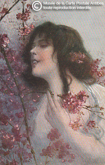 Carte postale illustrée représentant une femme et des fleurs.